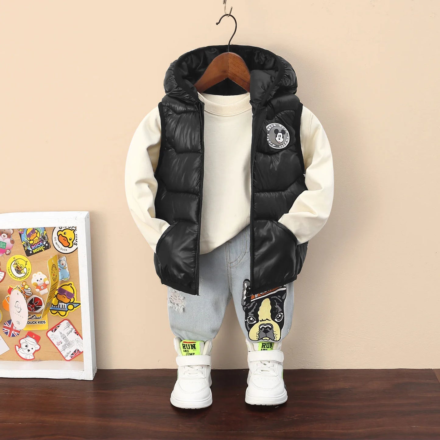 New Autumn Cartoon Mickey Mouse Boys Down Vest Winter Baby Bright Hooded Waistcoat Cotton Outerwear Kids Jacket Children Clothes