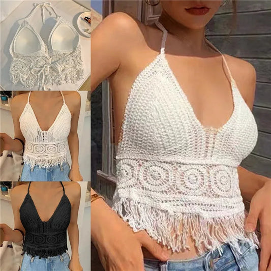 2024 Sexy Knit Backless Short Crop Top for Women Lightweight Hollow Out Crochet Tassels Hem Halter Bras Bustier with Chest Pads