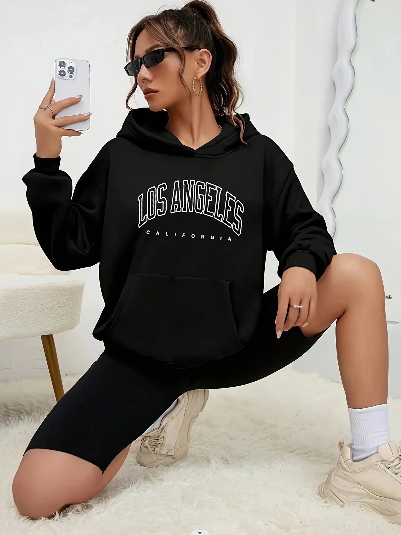 Los Angeles Print Women's Hooded Fleece Sweatshirt Brand New Autumn/Winter Sweater Jacket Women's Casual Sports Solid Color