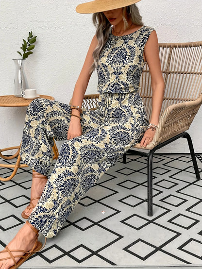 Women's Sleeveless All Over Printed Elastic Waist Jumpsuit