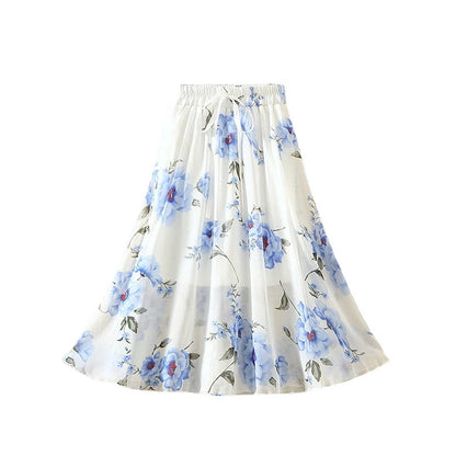 Spring Summer Floral Girl Skirt Chiffon Long Length Fashion Teenager Girl Clothes Elegant Princess Plus Size Tutu Tulle Big