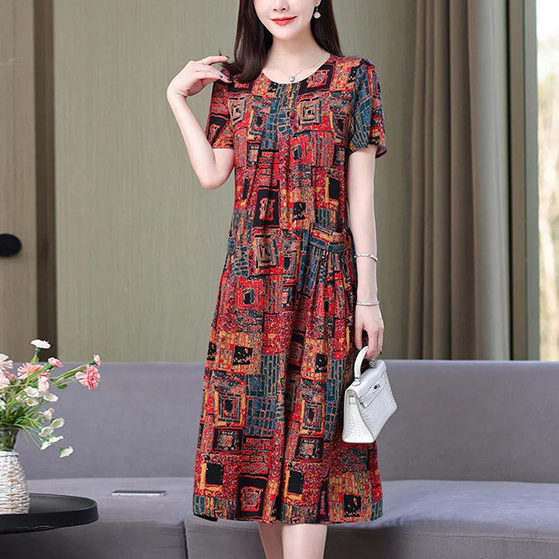 New Arrival Fashion Casual 2023 Summer Dress For Women Loose O-Neck Print Elegant Floral Formal Dress Women Clothing Dresses