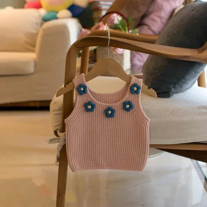 2023 Spring Children's Sweater Vest Baby Girls' Candy Color Five Blossom Suspender Vest Versatile Sweater Vest Top For Girls