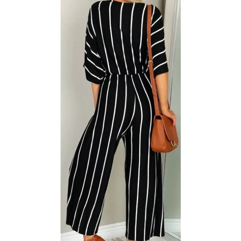 New European and American wide leg striped jumpsuit, fashionable design, showcasing personal charm