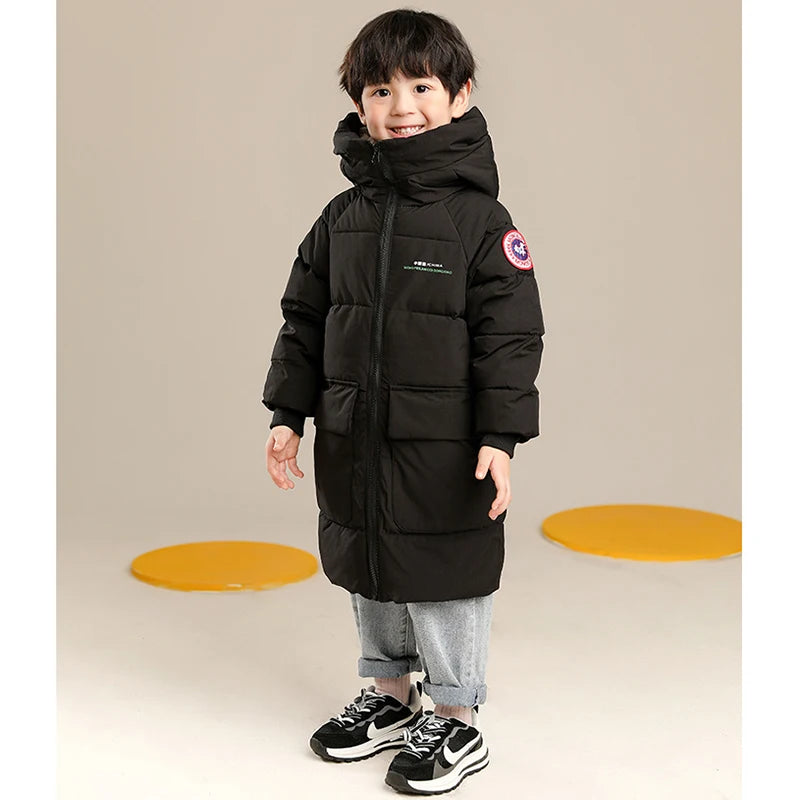 2-10 Years Autumn Winter Boys Jacket Solid Color Long Style Keep Warm Hooded Coat For Kids Children Birthday Present