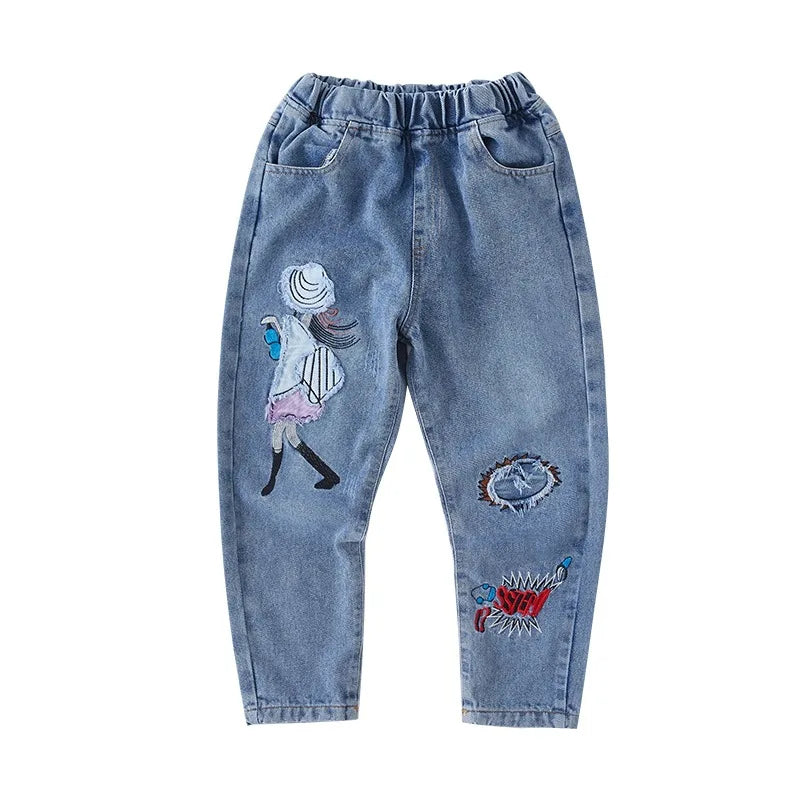 2024 Girls Students Jeans spring autumn Korean Wild Loose cartoon print Elastic Waist Straight Thin Wide-leg jeans 3-12Y