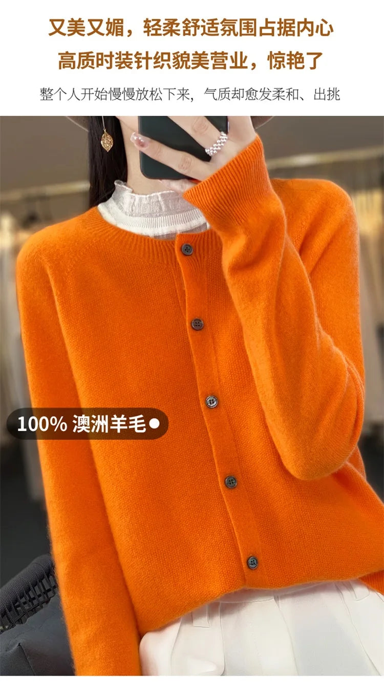 2024Spring and Autumn  New 100% pure merino cashmere sweater women's O-neck cardigan loose long-sleeved sweater top