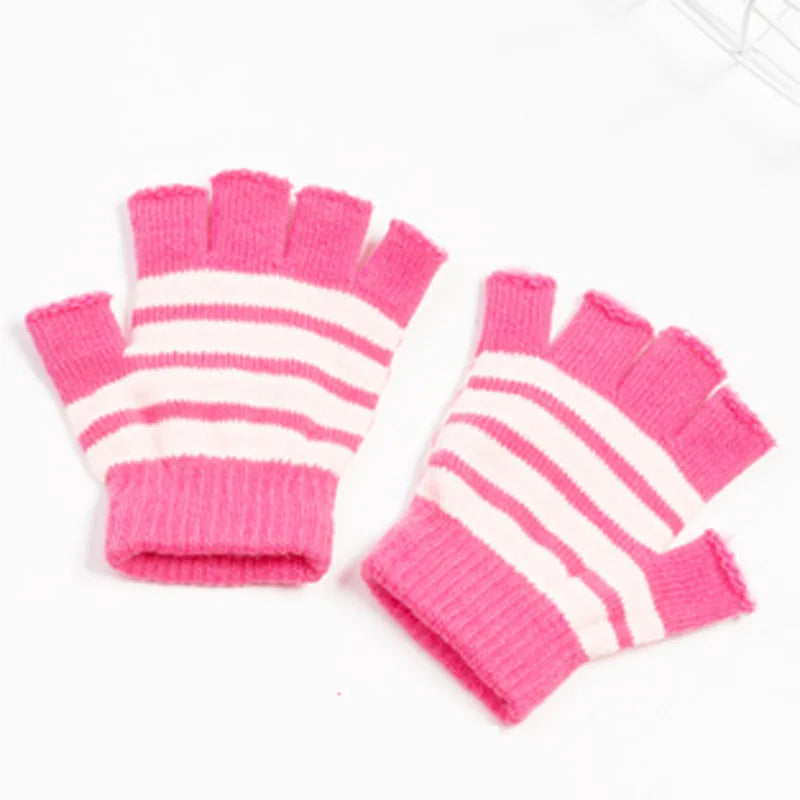 Striped Knitted Thick Warm Gloves Kids Winter Soft Mittens Children Half Finger Gloves 7-10 Years