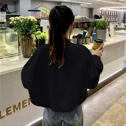 Vintage Baseball Jacket Women Korean Zipper Soild Drawstring Sexy Cropped Tops Harajuku Y2K Pocket Loose Casual Female Outwear