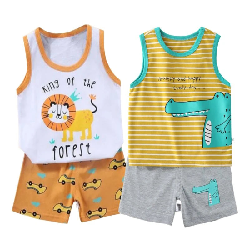 Summer Cartoon Lion Pajamas Vest+Shorts 2-Piece Clothing Set Kids Baby Boys Girls Cotton Casual Tracksuit Clothes Suit 1-6 Years