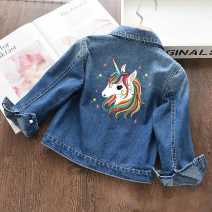 Autumn and winter Boys and Girls New Unicorn Excavator Cartoon Cute Print Polo Collar Long Sleeved Denim Coat for 2-10 Years