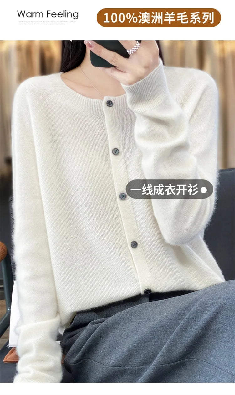 2024Spring and Autumn  New 100% pure merino cashmere sweater women's O-neck cardigan loose long-sleeved sweater top