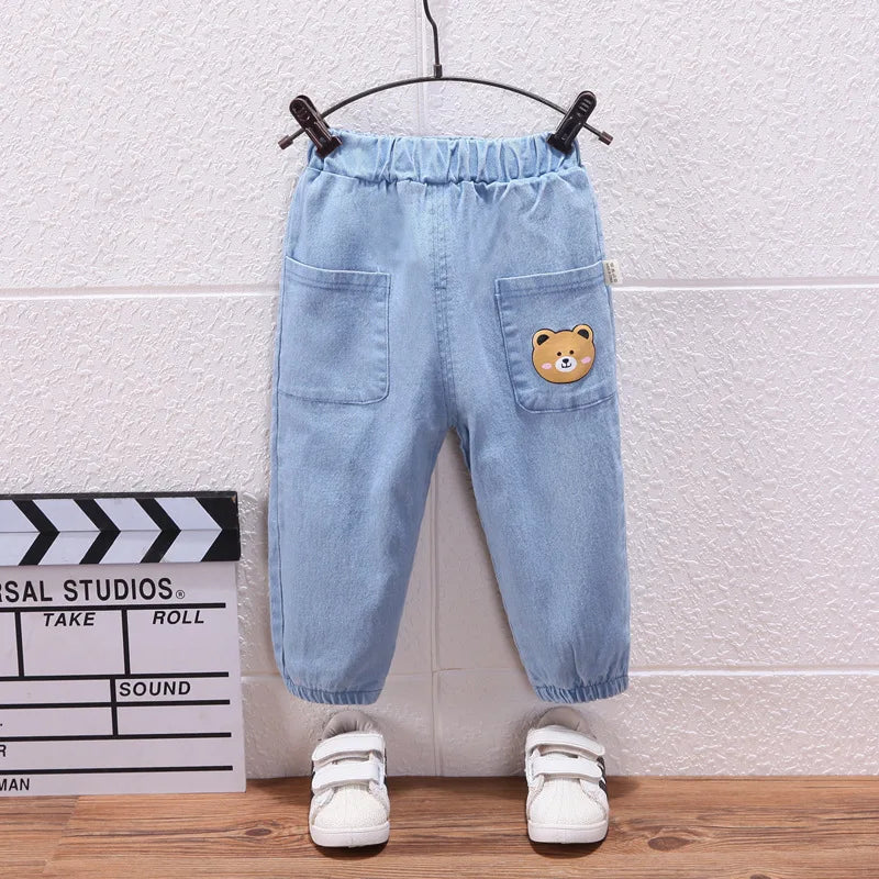 Cute Bear Girls Casual Thin Long Pants Fashion Spring Autumn Children Jeans Cartoon Kids Trousers Denim Clothing 1 2 3 4 5 Years