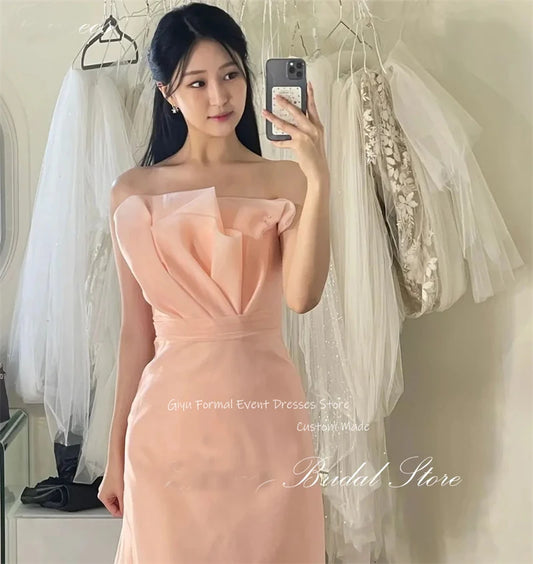 Giyu Elegant Blush Pink Organza A Line Wedding Dresses Photoshoot Strapless Floor Length Bridal Gowns Evening Dress 웨딩드레스