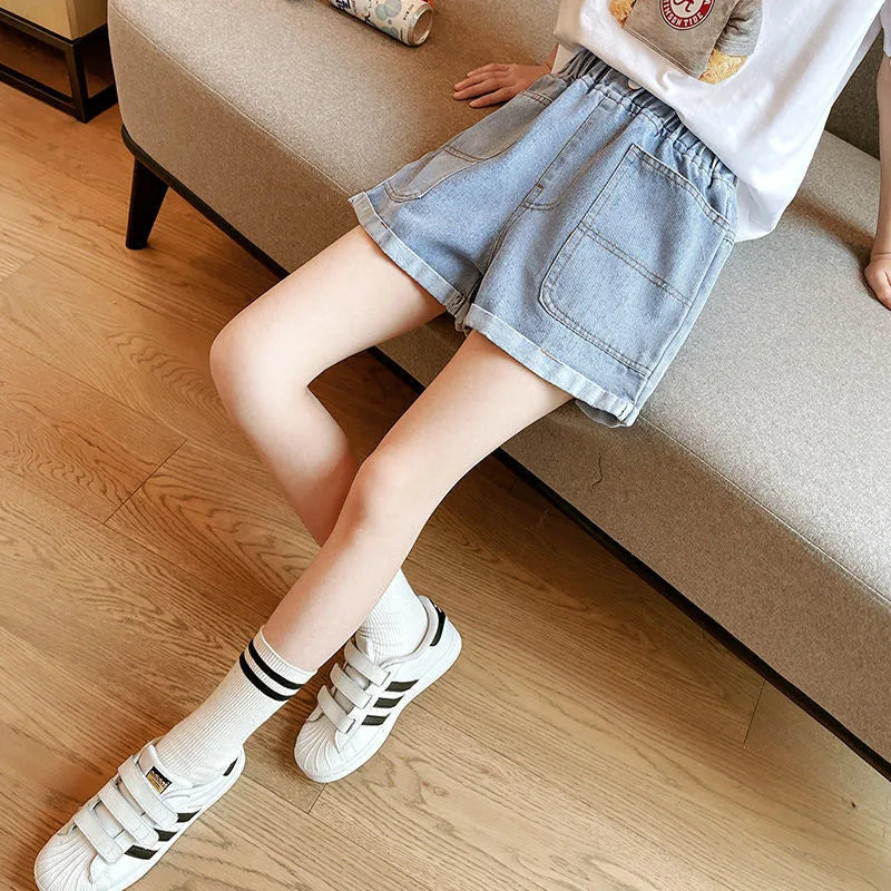 V-TREE Girls Denim Shorts Teenage Girl Summer Lace Pants Kids Bow Clothes Children Flowers Embroidery Jean Short For Teenager