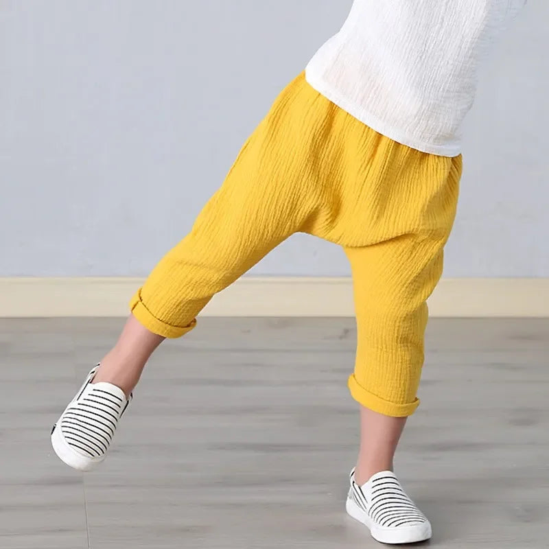 Kids Pants Boy Girl Summer Solid Color Linen Pleated Trousers Children Ankle-length Pants for Baby Casual Harem Pants