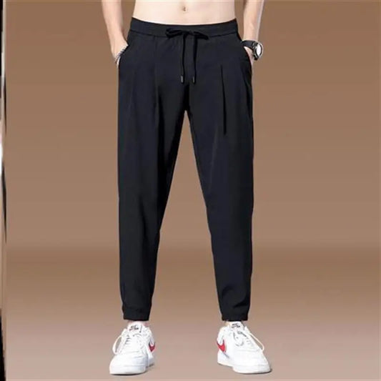 Summer Fashion Elastic Waist Solid Color Trousers Men Casual Loose Straight Cylinder Korean Drawstring All-match Sports Pants