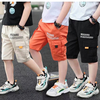 3-14 Years Big Size Summer Boys Short Pants 3 Color Leisure Sports Letter Decoration Calf-Length Trousers For Kids