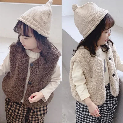 Autumn Winter Baby Lamb Wool Plus Velvet Waistcoat Girls Boys Plush Vest Single Breasted V Neck Child Warm Fashion Warm Coat