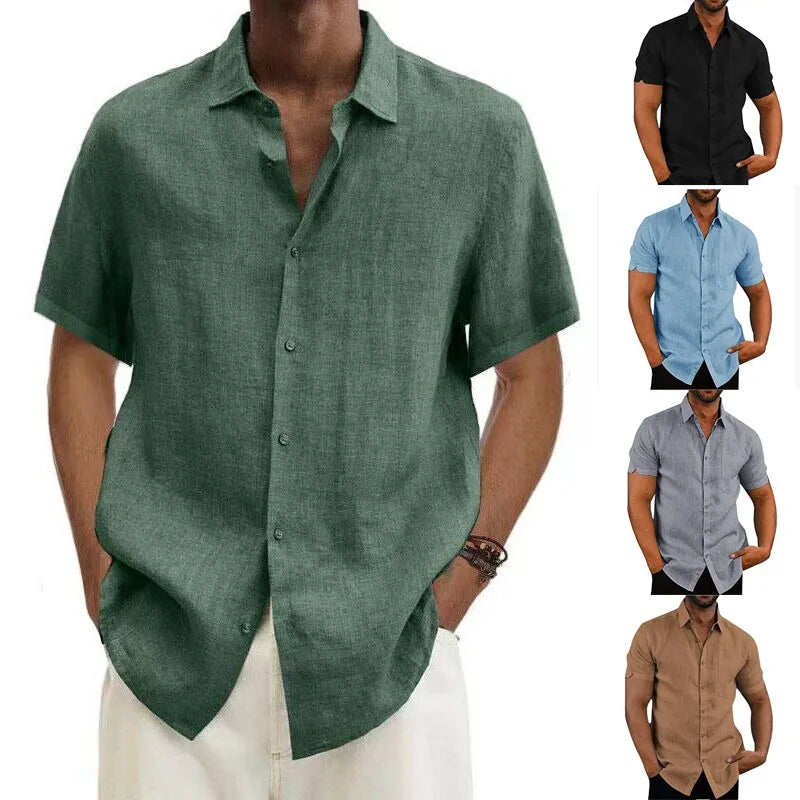 Summer Men's Short Sleeve Shirt Fashion Solid Color Linen Cotton Breathable Leisure Lapel Button T-shirt Business Casual Shirt