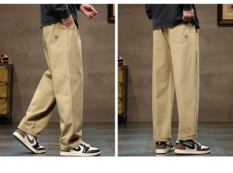 HIQOR Men Casual Pants Fashion Jogger Pant Loose Straight Wide Leg Trousers Cotton Vintage Cargo Pants Man Solid Streetwear Men