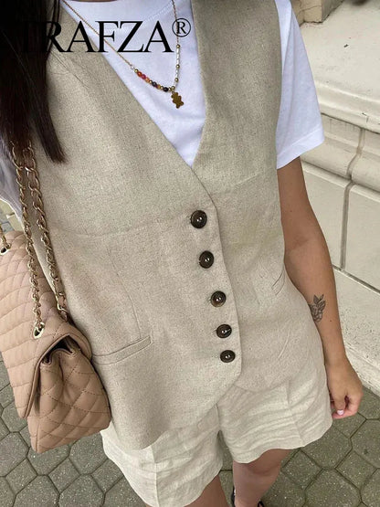 TRAFZA Woman Solid Waistcoat Shorts Set Sleeveless V Neck Buttons Vest Top + Zipper Pockets Commute Elegant Female Short Pant