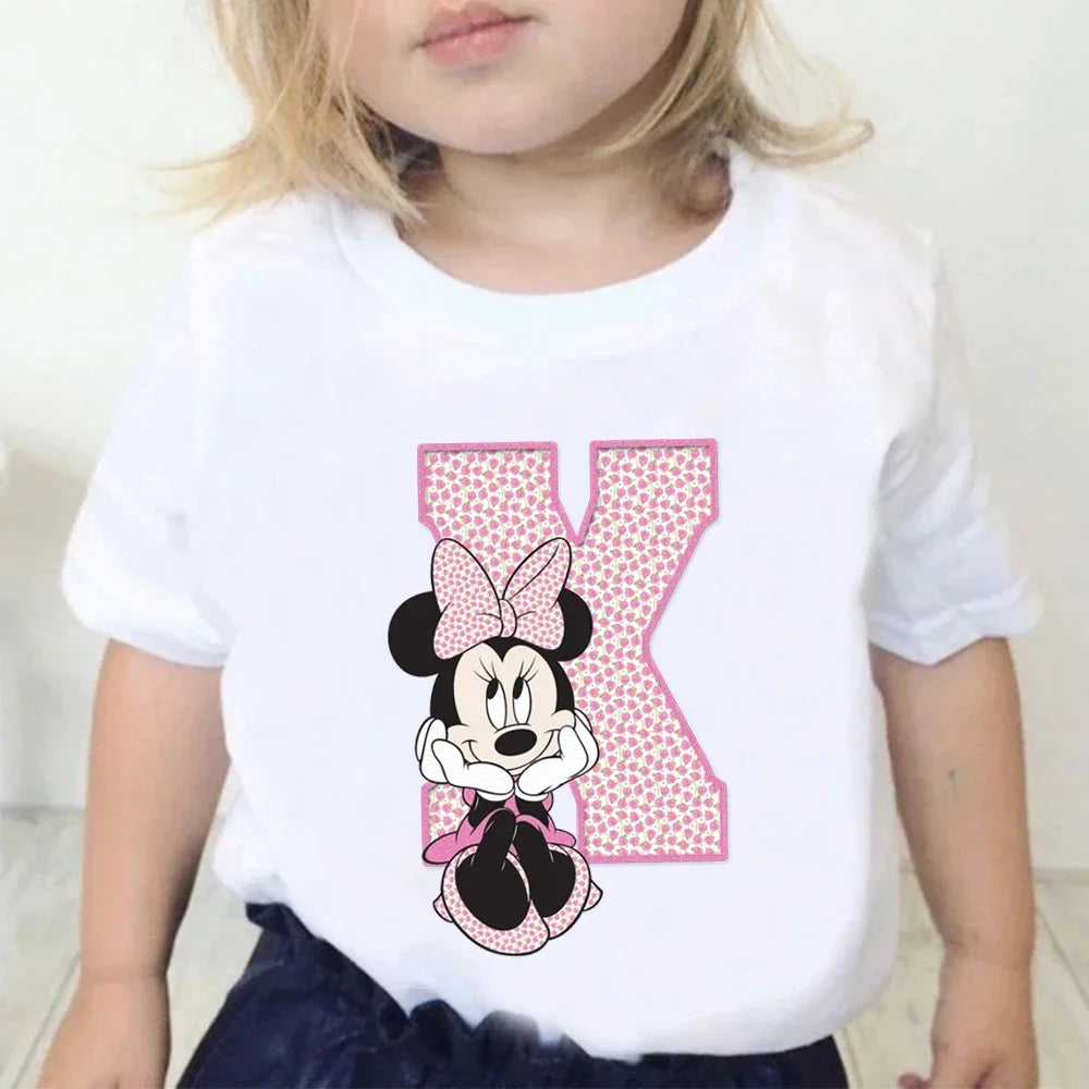 Minnie Children Cotton T-Shirts Letter A-Z Name Combination Disney Kawaii Cartoons Clothes Kids Little Boy Girl Tee Casual Tops