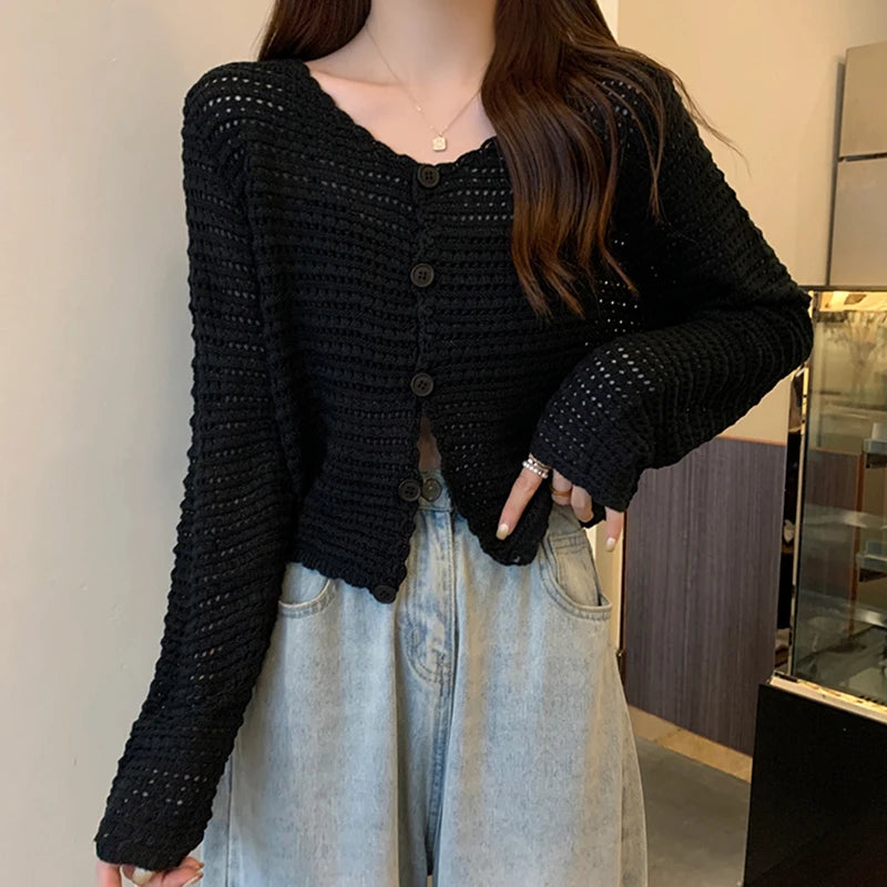 HELIAR Women Buttons Up Short Cardigan Coat Knitted Hollow Out Smock Top Long Sleeved Thin Summer T-shirt Ruffles Casual Shirt