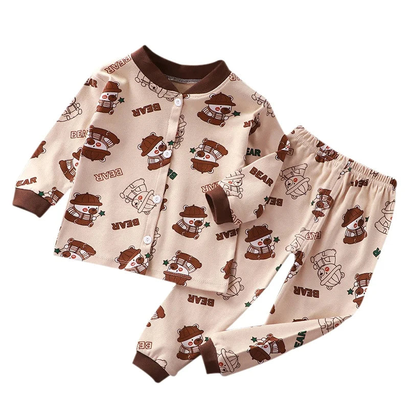 Children's Boys Girls Sleepwear Cardigan Pajamas Korean Version Single Breasted Home Suit Set