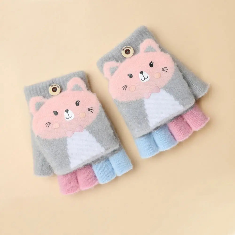 Knitted Fingerless Gloves for Girls Cartoon Cat Ears Baby Mittens Warm Children Winter Half Finger Gloves Baby Accessories