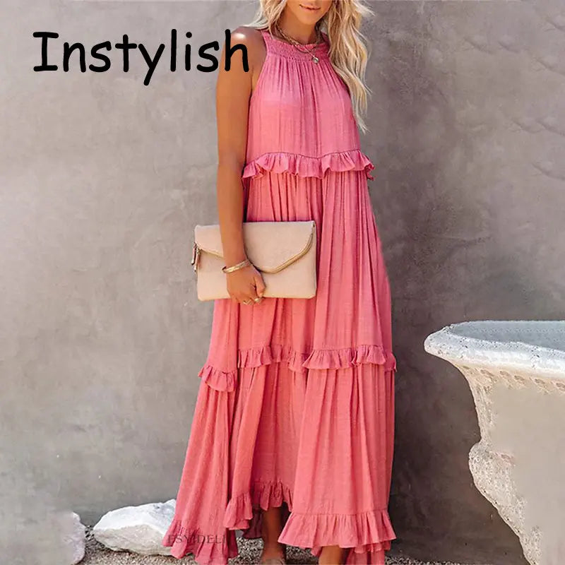 Women Casual Solid Ruffles Long Dress Summer Elegant Sleeveless Sundress Elegant Harajuku Maxi Dress Beach Party Evening Vestido