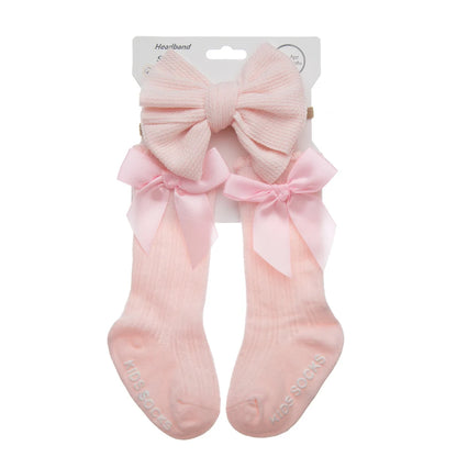 3Pcs/Set Baby Cotton Knee Socks Silk Stain Bow Headbands Non-slip 0-12M Long Leggings Stockings Nylon Hairbands Boys Girls Sock