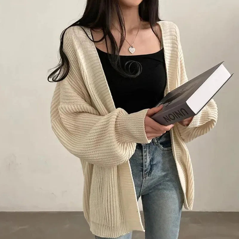 Zoki Harajuku Oversize Cardigan Sweater Women Casual Loose Lazy Wind Korean Tops Vintage Long Sleeve Lady Simple Design Cardigan