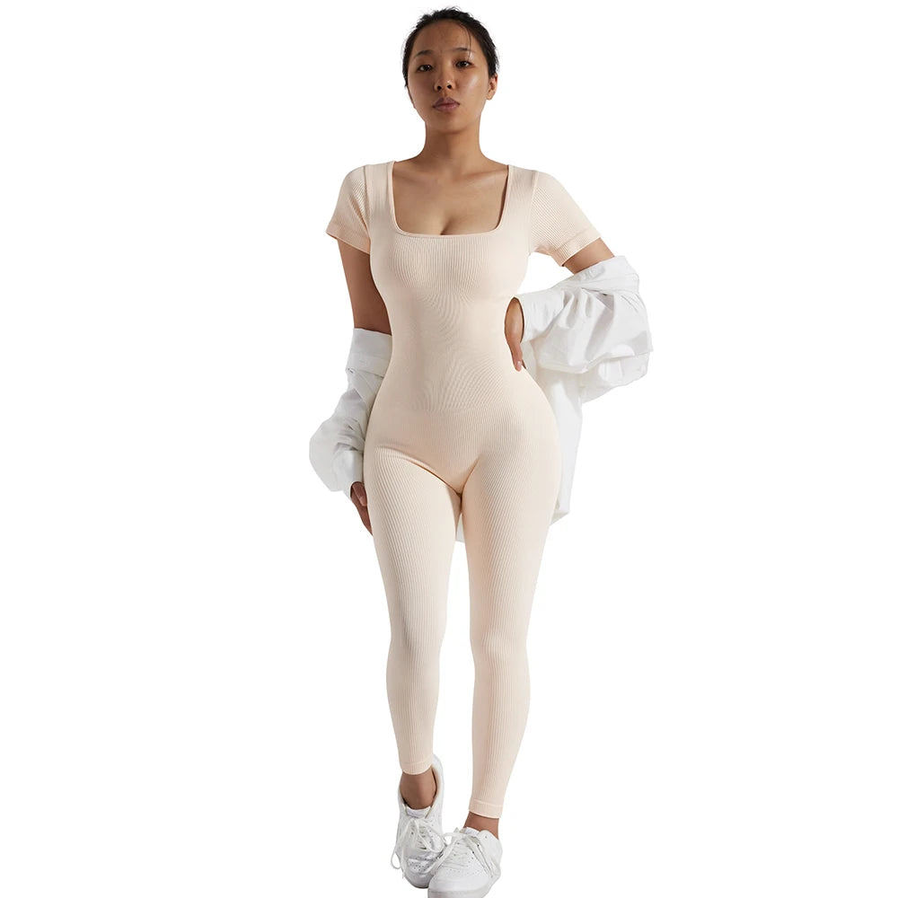 Women's  Ribbed One Piece Jumpsuits Outfits Bodycon Bodysuit Sexy Rompers Short Sleeve Exercise Yoga Jumpsuit Sportswear Mujer