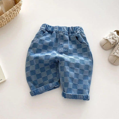 Children's Jeans 1-5Y New 2024 Autumn Boys Plaid Denim Pants Loose Style Mid Waist Girls Checkerboard Trousers