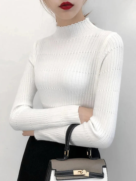 Turtleneck Knitted Sweater Female Simple Pullovers Ladies Top Fashion Women Sweaters Korean Jumper Stripe Solid Tops