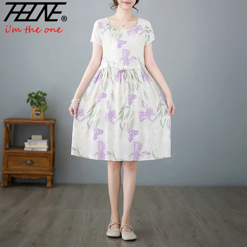 THHONE Summer Dress for Women Floral Casual Print Loose Vintage Draw String Robe Elegant Mini New in Dresses Vestido Feminino