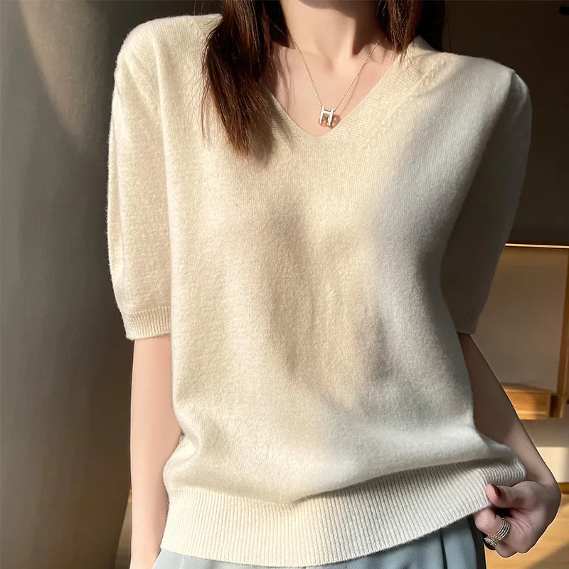 2022Spring Sweater 100%Wool Short Sleeve Women New T-Shirt Double V-Neck Pullovers Thin Vest Loose Cashmere Knit Tops Base Shirt