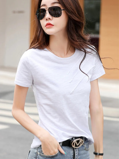 Summer Women Tee-Shirts Button Ribbed Cotton Top Loose Fashion T-shirts Women Streetwear Short Sleeve O-Neck Korean Tops