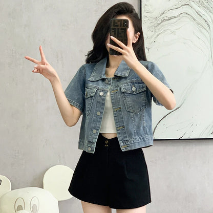 New 2024 Spring Summer Denim Coat Women Short Sleeve Blue Jeans Jackets Turn Down Collar Streetwear Cropped Jackets Womens