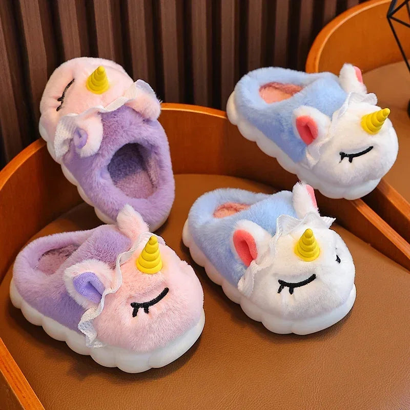 New Winter Kids Plush Slippers Cartoon Unicorn Children's Indoor Slides Non-Slip Soft Mule Girls Boys Warm House Cotton Shoes