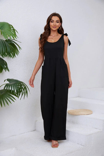 2024 Summer New Women's Amazon Source Solid Color Pocket Lace-Up Wide-Leg Jumpsuit Big U-neck Pants