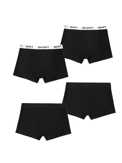 4pcs Boys Solid Color Boxers Letter Print Waist Simple Pattern Comfy Breathable Cotton Underwear