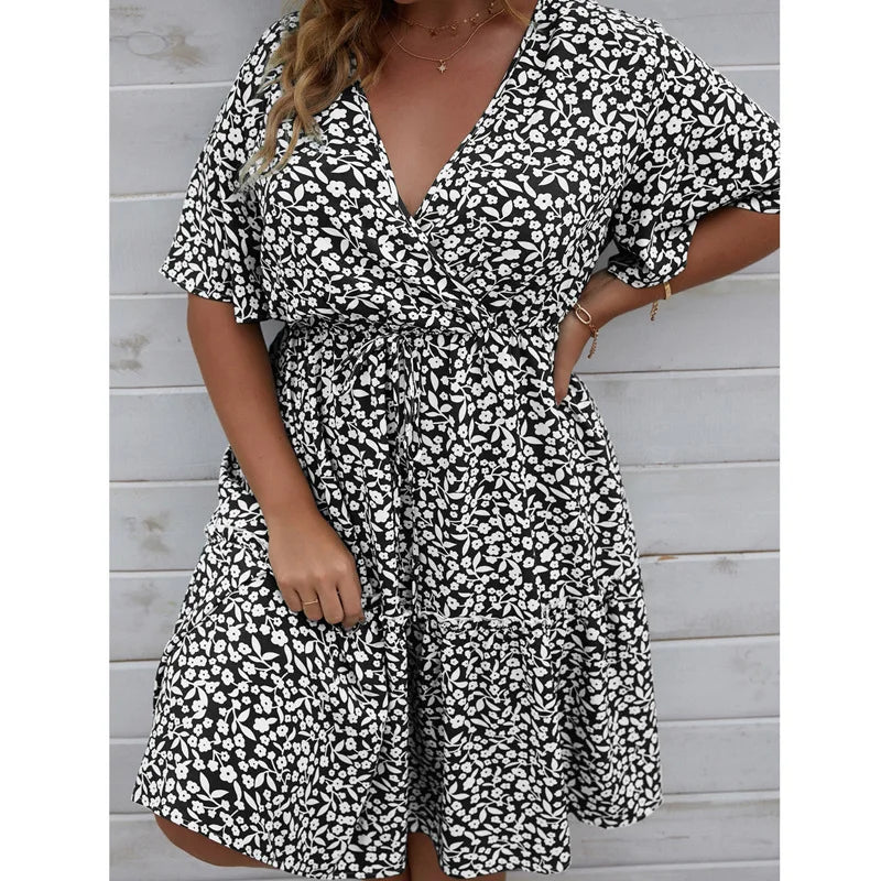 Plus Size Dress Woman 2023 Summer V Neck Short Sleeve Floral Print Casual Midi Dress High Waist Chic Beach Party Dresses