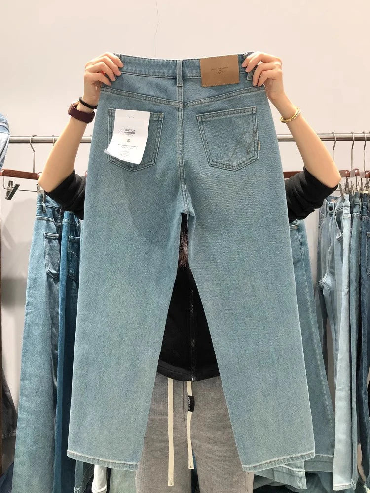 New 2024 Summer Jeans For Women High Quality Straight Blue Jeans Woman Korean Fashion Pockets High Waist Women's Jeans Hot Sale