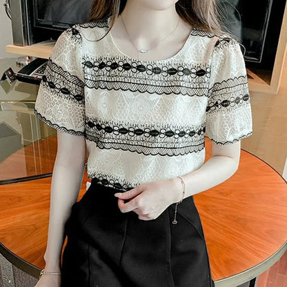 Women Stylish Contrast Color Hollow Lace Sweet Chic Short Sleeve T-shirt 2024 Summer Female Korean Style Casual O Neck Slim Tops