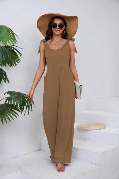 2024 Summer New Women's Amazon Source Solid Color Pocket Lace-Up Wide-Leg Jumpsuit Big U-neck Pants