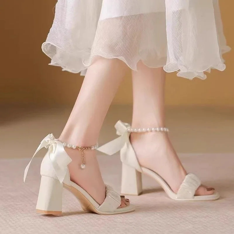 Comfort Shoes for Women Pearl Sandals Suit Female Beige Increasing Height Block Heels All-Match Black Bow 2024 Fashion Chunky