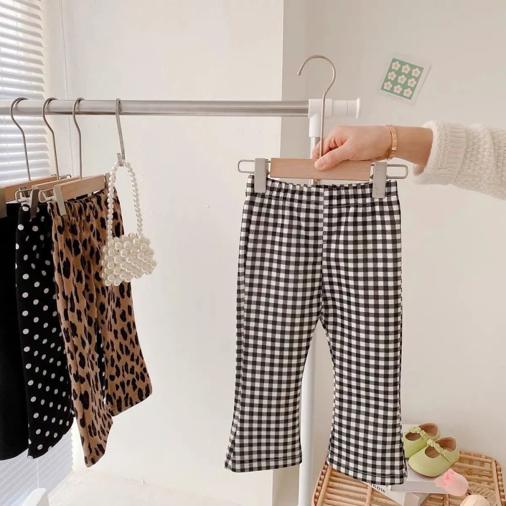 Spring Girls Pants Casual Long Style Bell-Bottomed Trousers Plaid Stretch Pants Children Fashion Elasticated Waist Outdoor Pants