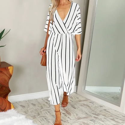 New European and American wide leg striped jumpsuit, fashionable design, showcasing personal charm